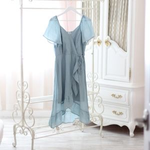 Luxology Soft Blue Green Faux Wrap High Low Dress